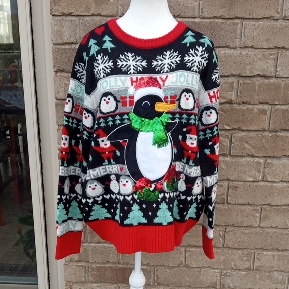 Festive Penguin Sequins Christmas Sweater